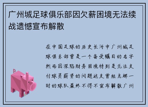 广州城足球俱乐部因欠薪困境无法续战遗憾宣布解散 广州城足球俱乐部因欠薪困境无法续战遗憾宣布解散
