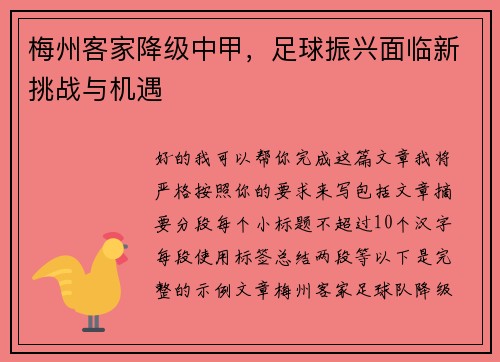 梅州客家降级中甲，足球振兴面临新挑战与机遇